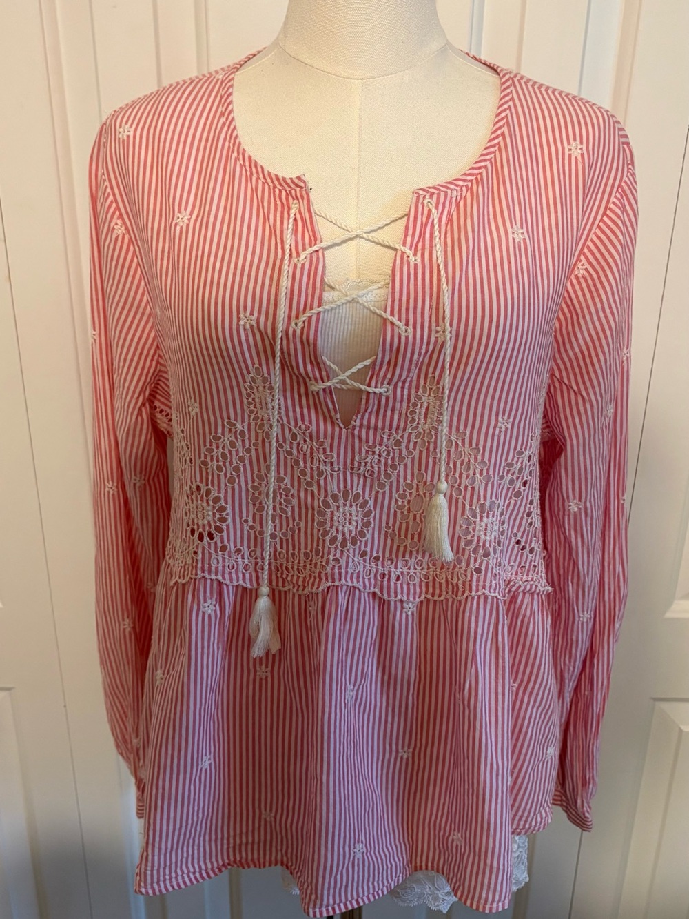 GAP Pink and White Striped Lace-Up Peasant Tunic